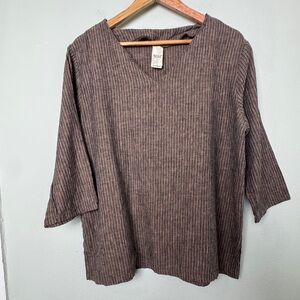 Match Point USA LINEN Brown Popover Artsy Boho Minimalist Lagenlook Blouse Top L